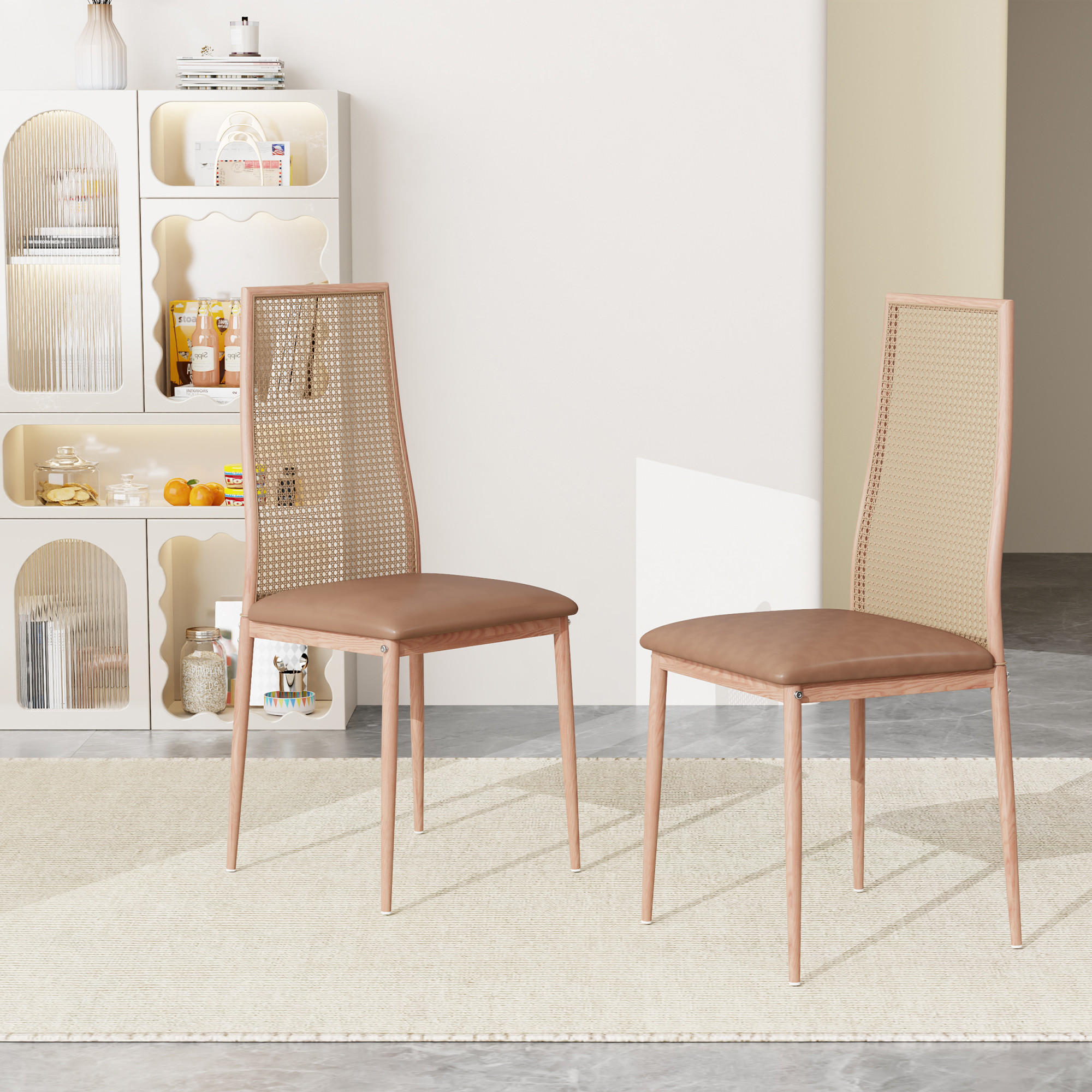 KÜCHENSTÜHLE 2er-Set mit Rattanlehne, Kunstleder & schwarzen Beinen - Ecru, Holz (44/97.5/40cm)