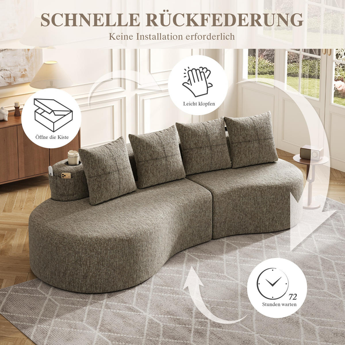 BIGSOFA Loungesofa,3er-Sofa,reich gepolstert,Leinenstoff,Khaki - Braun, Textil (240/63/109cm) - LVHOM