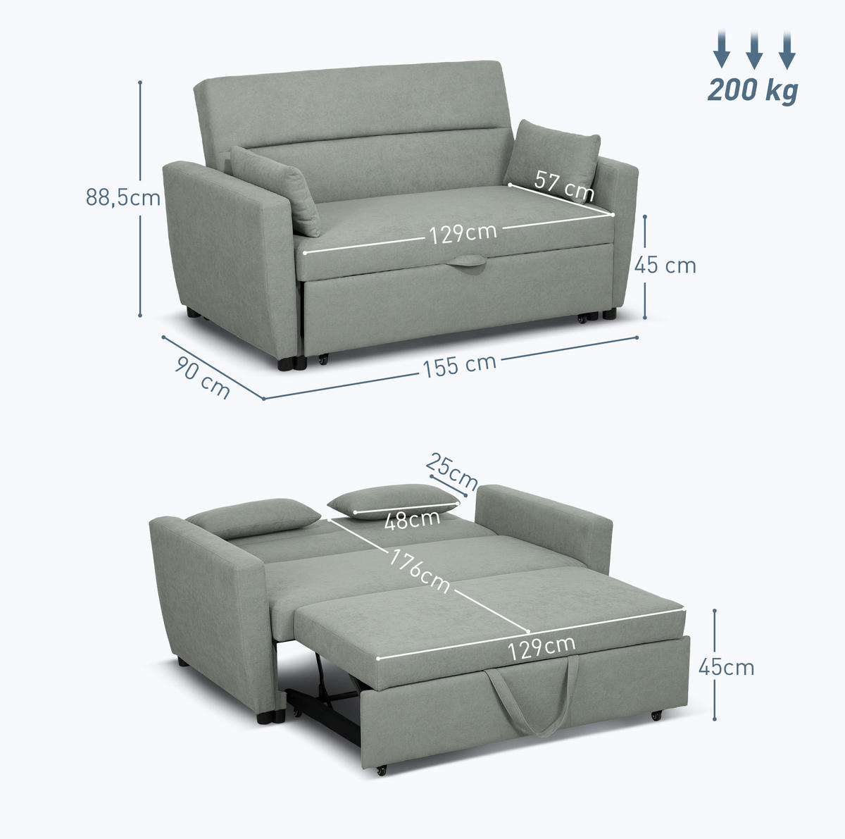 SCHLAFSOFA 2-Sitzer mit Schlaffunktion, Bettkasten 155/90/88,5 cm Hellgrau - Hellgrau, Holz (90/88.5/155cm) - Redom