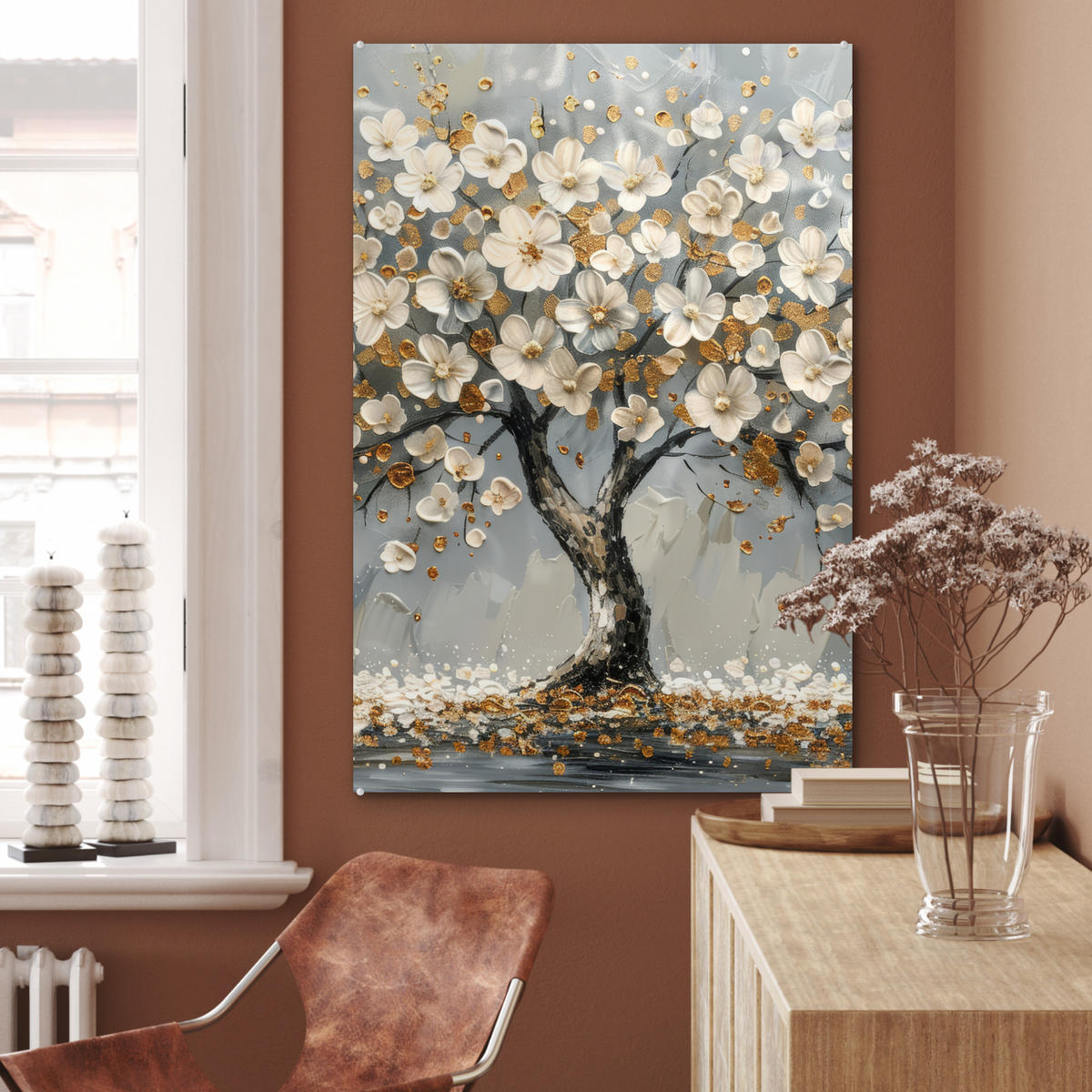 ACRYLGLASBILD Baum - Blumen - Weiß - Natur - Kunst 60x90 cm - Weiß, Glas (60/90cm) - MuchoWow
