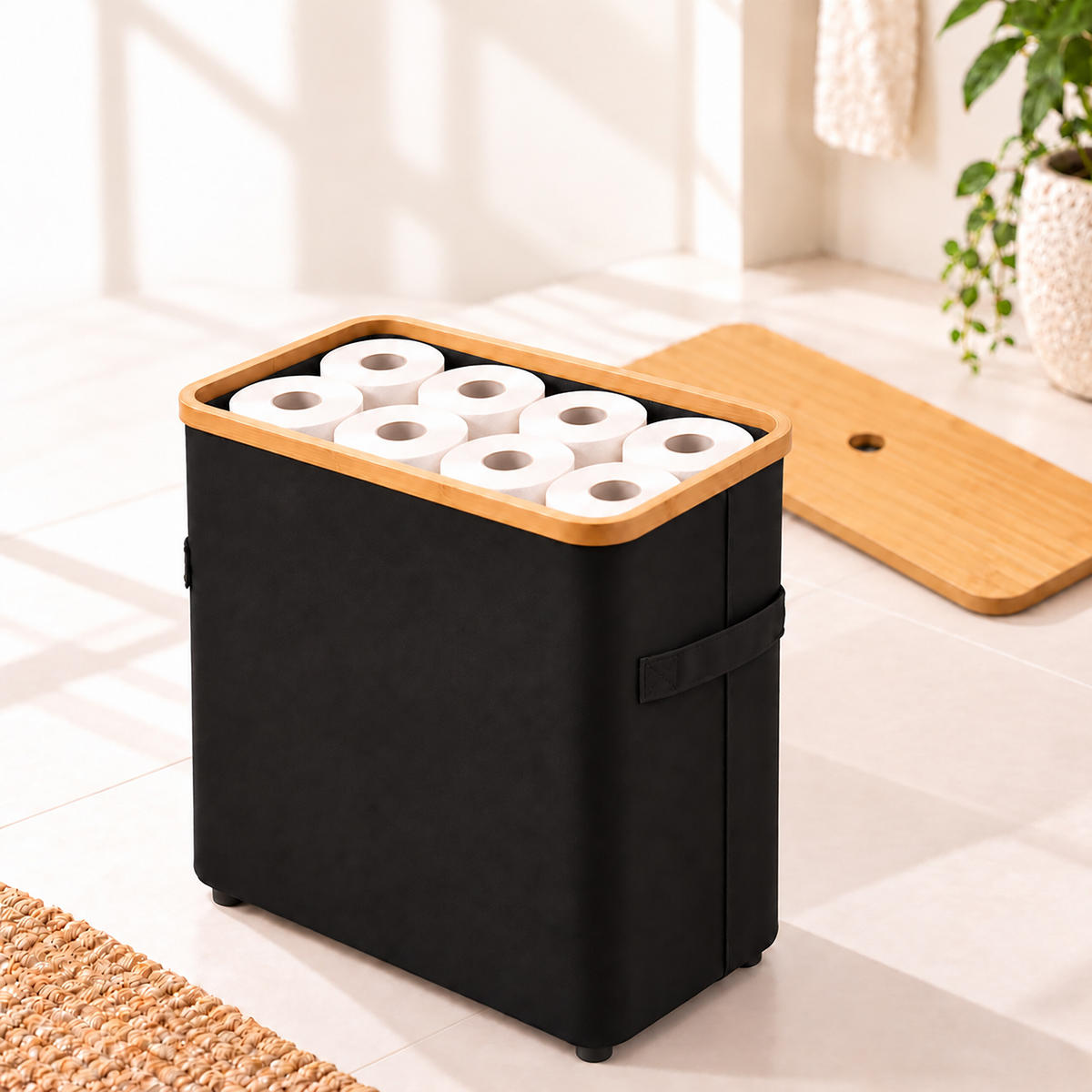 TOILETTENPAPIERBOX Schwarz Bambus 24 Rollen - Schwarz, Holz/Kunststoff (45/72/30cm) - Relaxdays