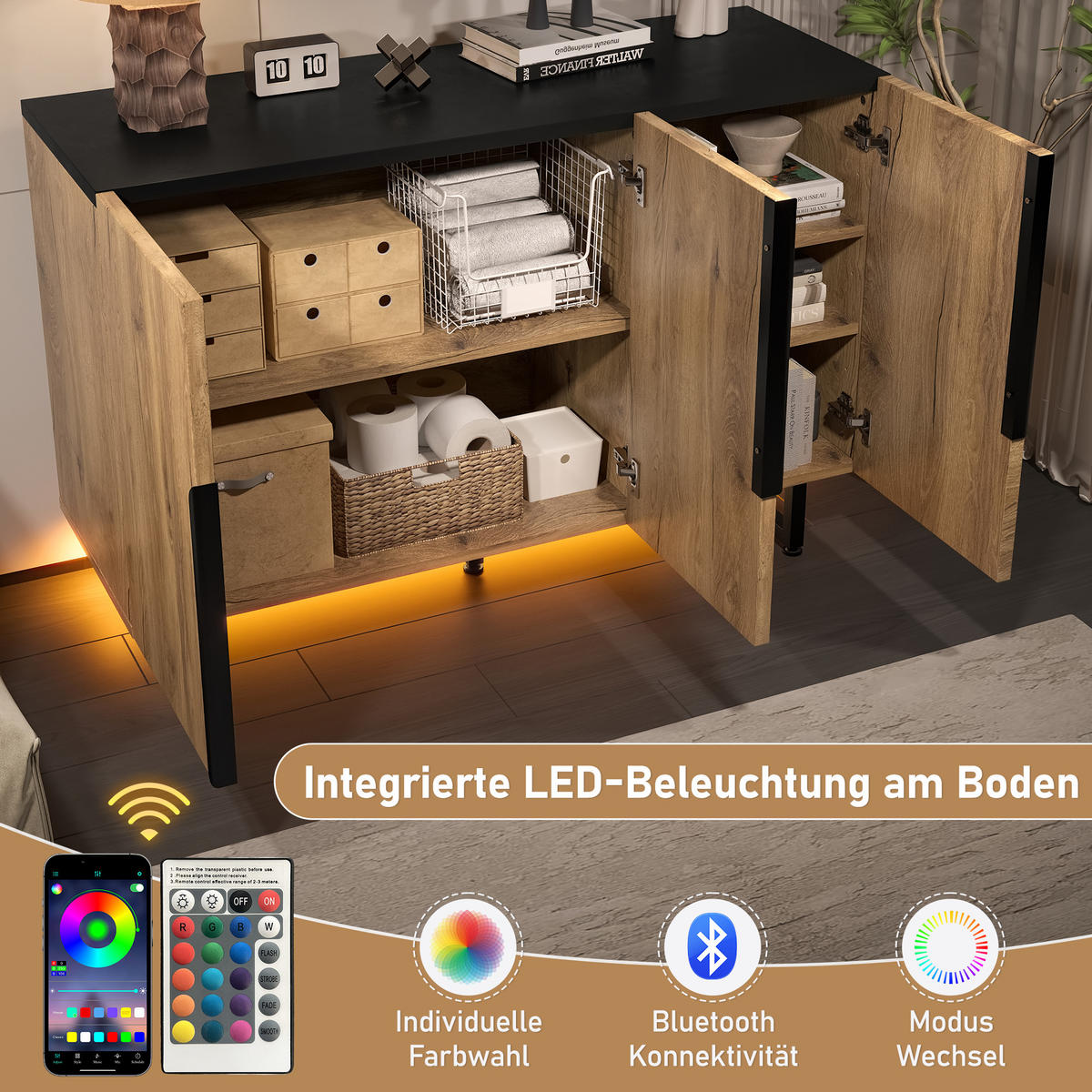 SIDEBOARD mit LED-Beleuchtung - Verstellbare Regalböden, justierbare Füße und freistehende Konstruktion - Natur - Naturfarben, Holz/Holzwerkstoff (38/80/120cm) - KOMHTOM