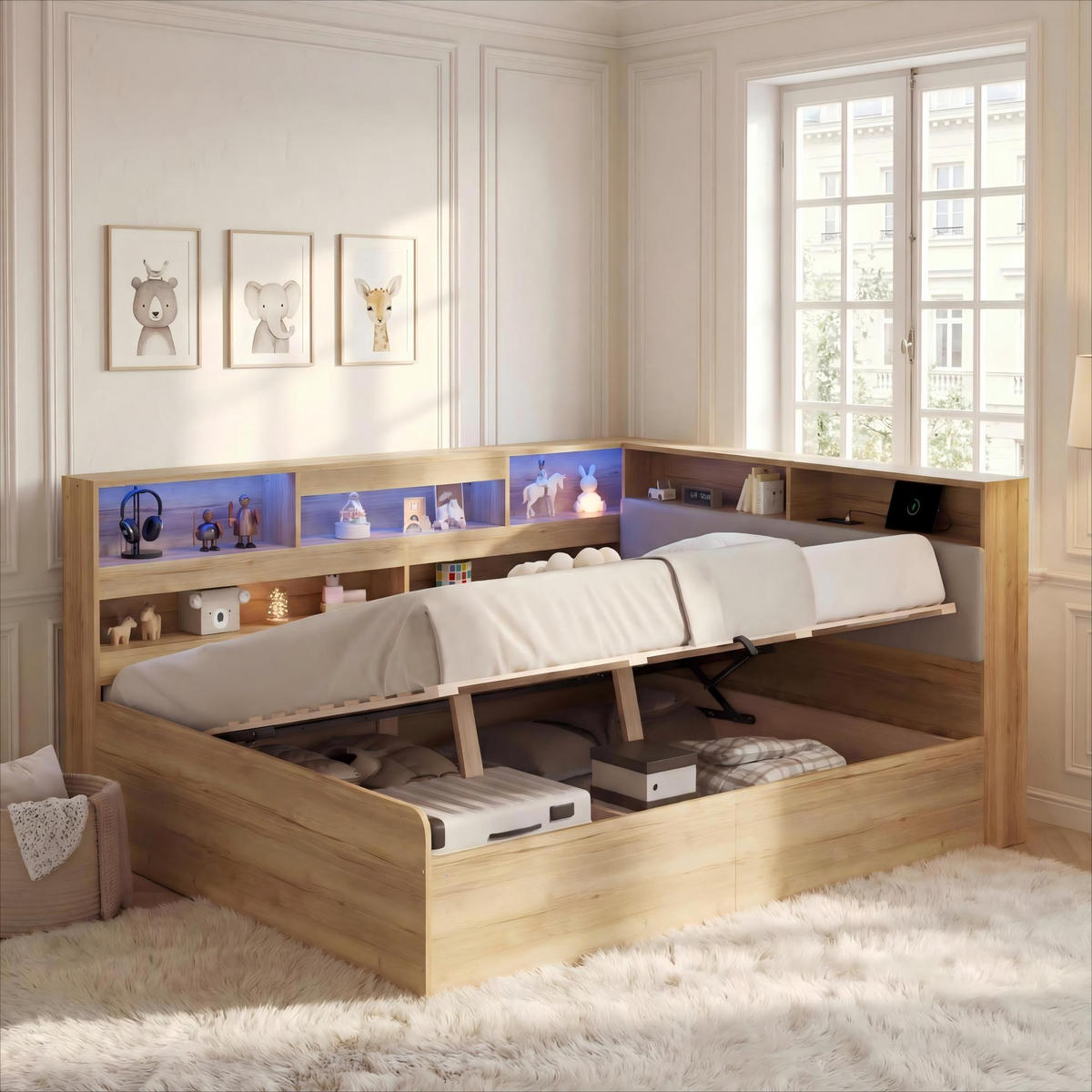 DAYBETT Natur 140x200 LED USB Hydraulik Stauraum Holz - Naturfarben, Holzwerkstoff (140/200cm) - FLIEKS