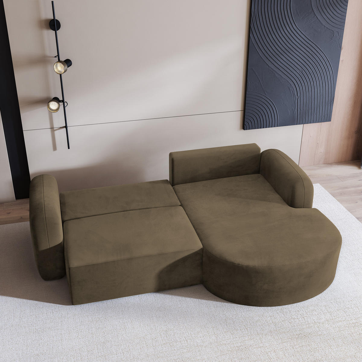 ECKSOFA AMILIA M R-S Beige Velours-Stoff mit Schlaffunktion - Beige, Holz (263/174cm) - MASSENO