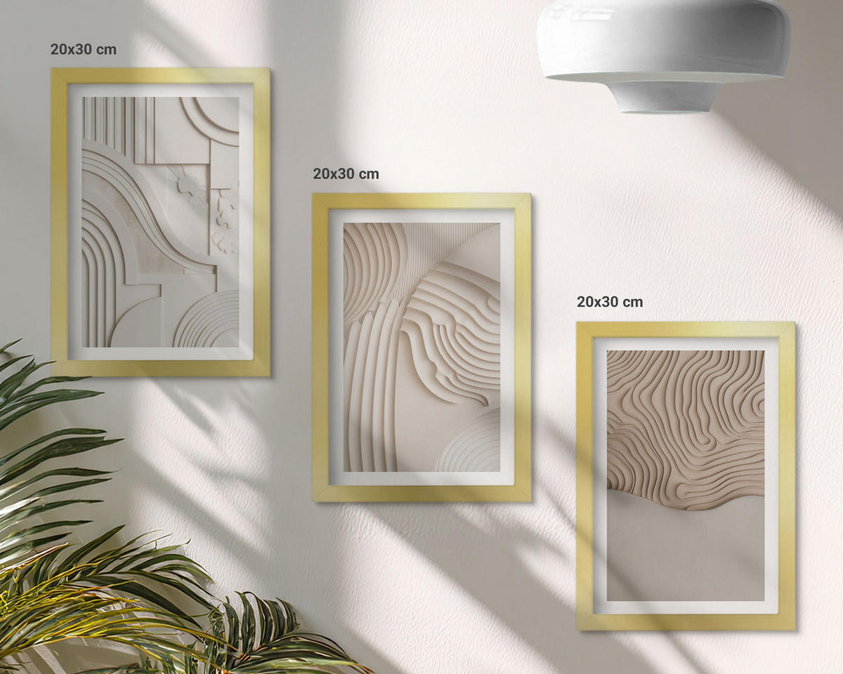 WANDBILDER 3er Set - 20x30 cm Goldrahmen - Abstrakte Muster beige weiß - Goldfarben, Kunststoff (20/30cm) - ArtPrintCave