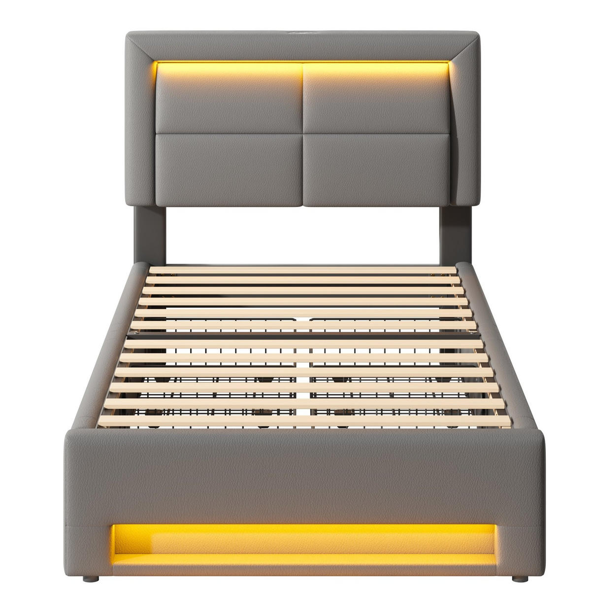 POLSTERBETT aus PU 90x200 cm Grau mit LED-Beleuchtung, USB-Ladefunktion und 4 Schubladen - Grau, Leder (90/200cm) - IVMEU