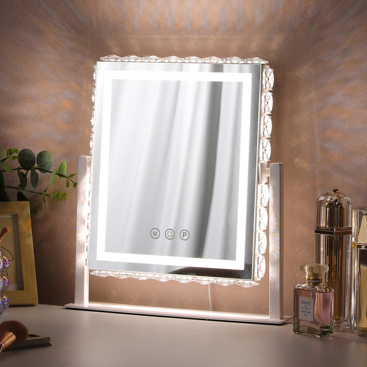 SCHMINKSPIEGEL mit LED Lichtleiste, rundum mit Strasssteinen besetzt, weiß, 25/30 cm - Weiß, Metall (25/30/3cm) - VANITII