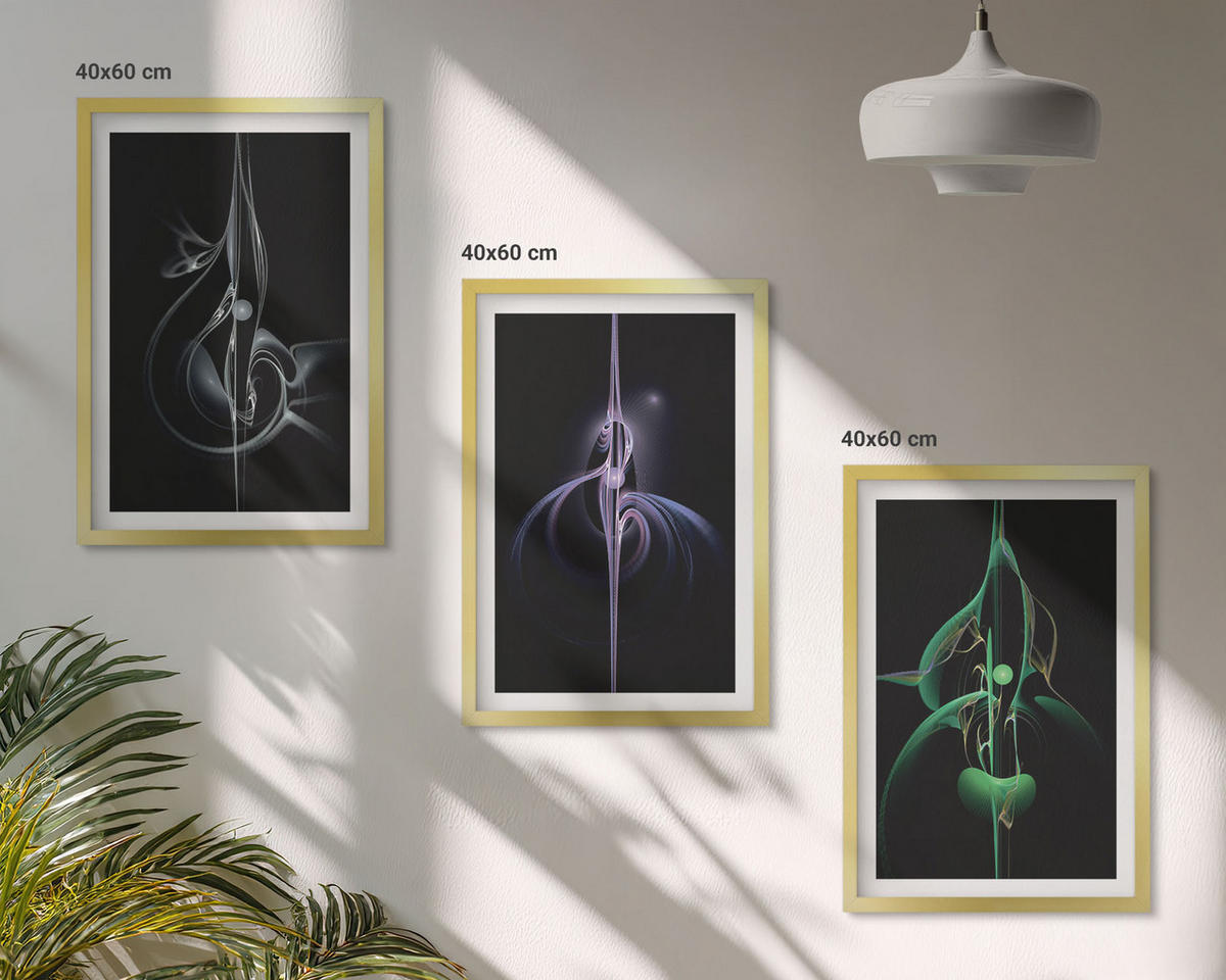 BILDER SET 3er Set - 40x60 cm Goldrahmen - Abstrakte schwarze Farbmuster - Goldfarben, Kunststoff (40/60cm) - TULUP