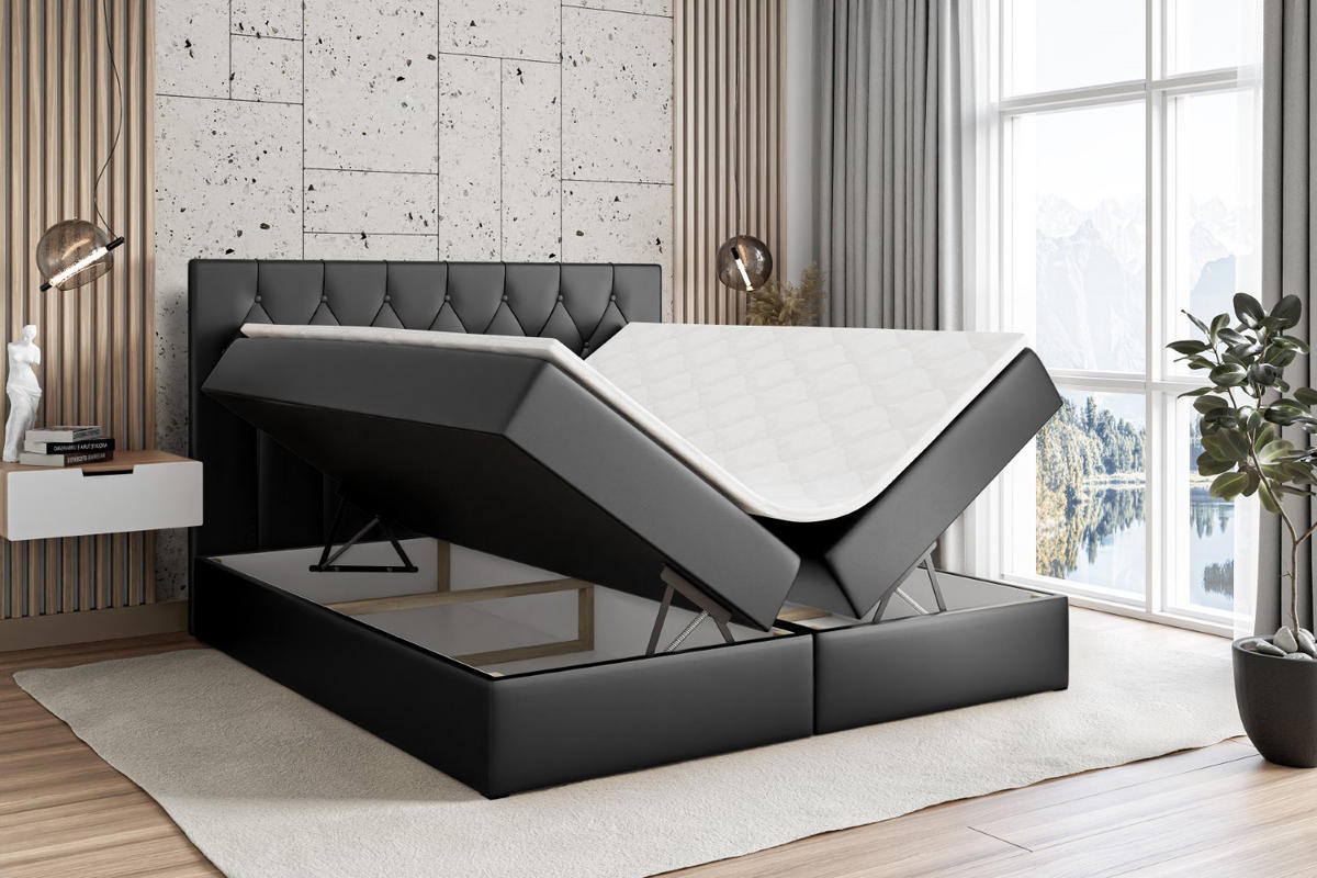 BOXBETT mit H4-Matratze und Lattenrost - VELANTO-BZ - 180x200 Hellgrau - Schwarz Hochglanz, Holzwerkstoff (180/200cm) - ALTDECOR