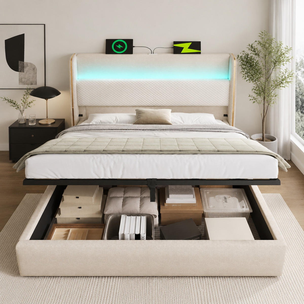 POLSTERBETT 160/200 mit Bettkasten, LED und USB in Beige - Beige, Holzwerkstoff/Textil (160/200cm) - EVRYAE