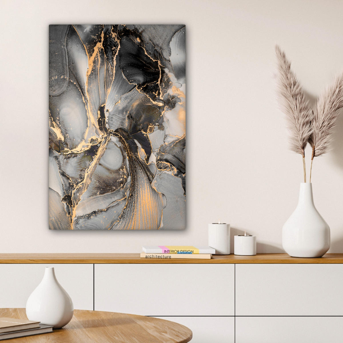 LEINWANDBILD Grau - Luxus - Gold - Marmor Wanddeko Schlafzimmer 60x90 cm - Dunkelgrau, Textil (60/90cm) - MuchoWow