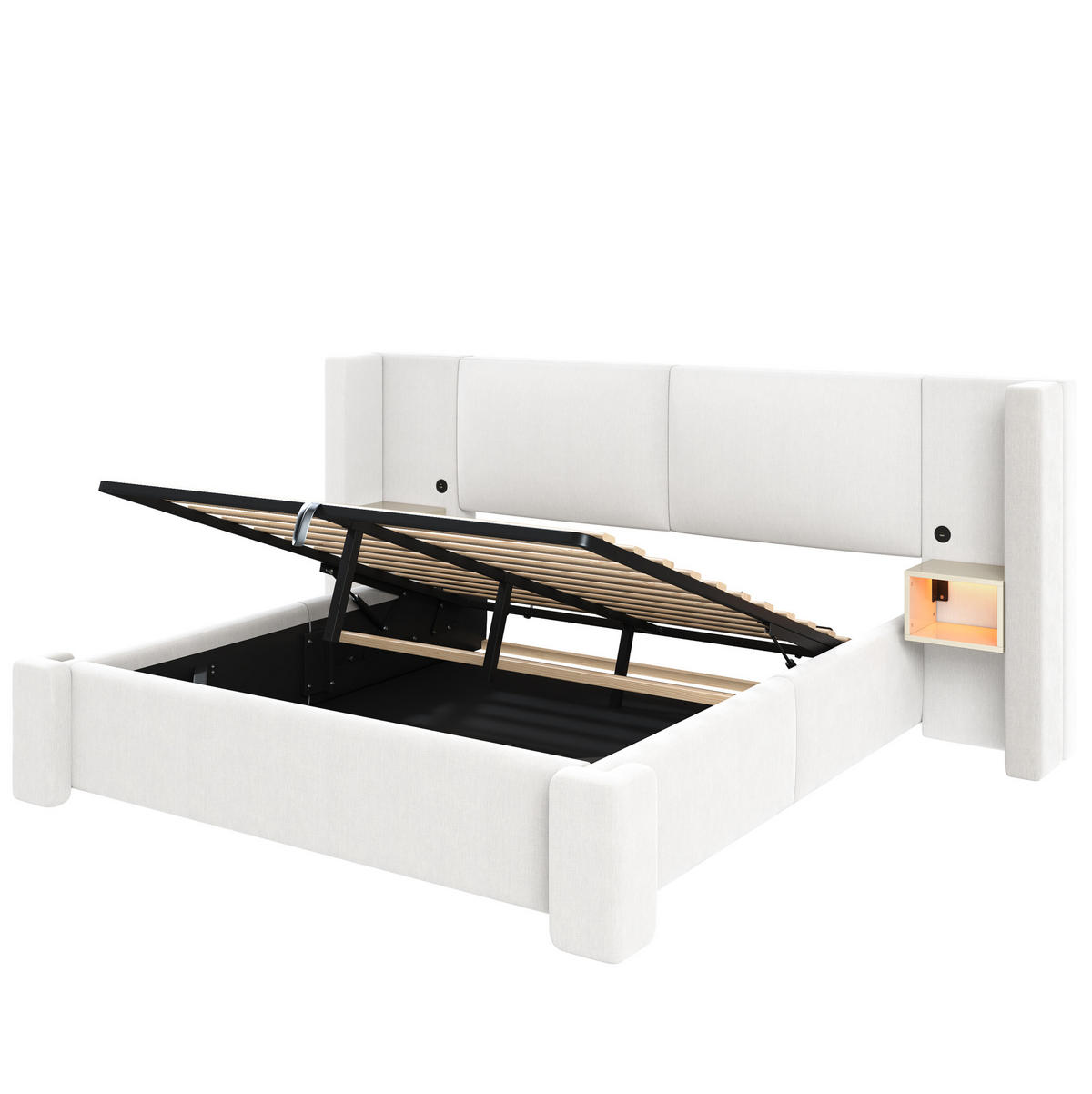 POLSTERBETT aus Leinen und MDF 180x200 cm Beige mit hydraulischem Bettkasten und LED-Nachttischen - Beige, Textil (180/200cm) - Modfu