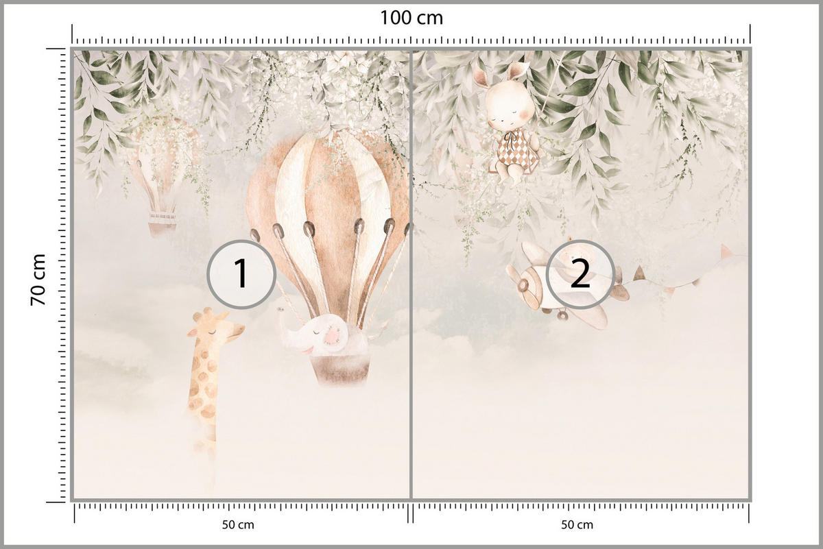 FOTOTAPETE für Kinderzimmer Tiere Wolken Ballons Giraffe Sonne 100x70 - Beige/Braun, Papier (100/70cm) - Muralo