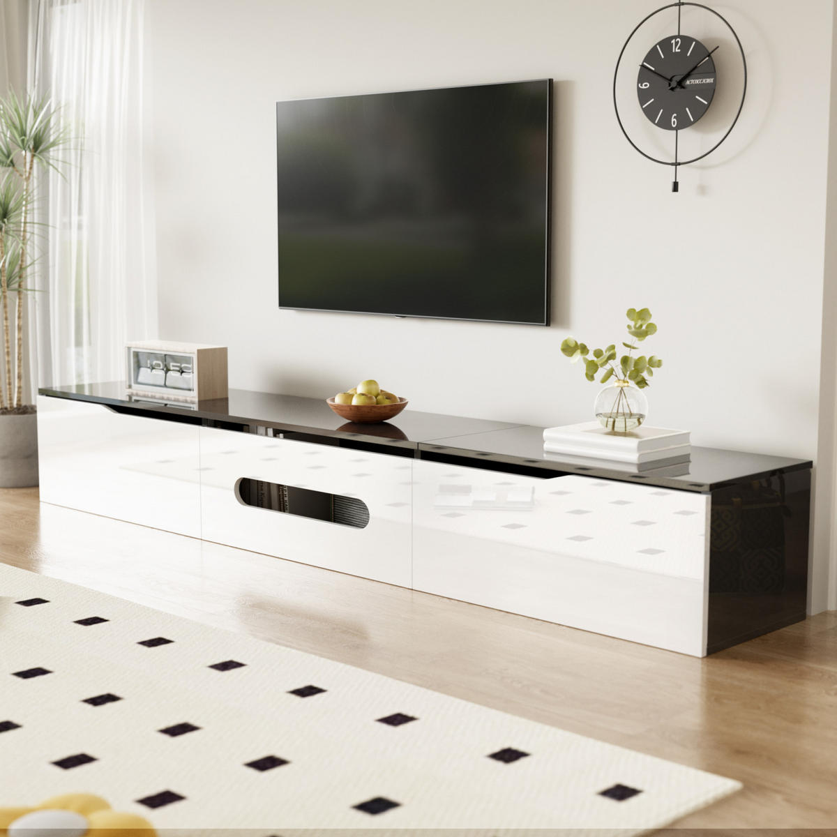 TV Lowboard LED, hängend, 3 Klapptüren, Weiß Schwarz - Weiß, Holz (180/30/35cm)