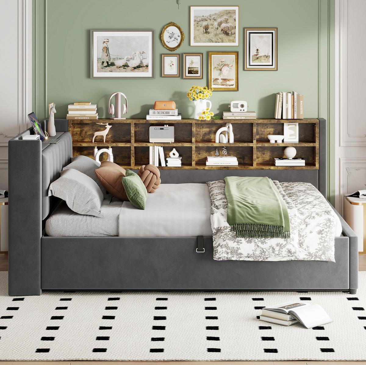 POLSTERBETT Schlafsofa aus Samt 140x200 cm Dunkelgrau mit Hydraulik-Stauraum, Nachtlicht, USB- und Typ-C-Anschlüssen - Grau, Textil (140/200cm) - Modfu
