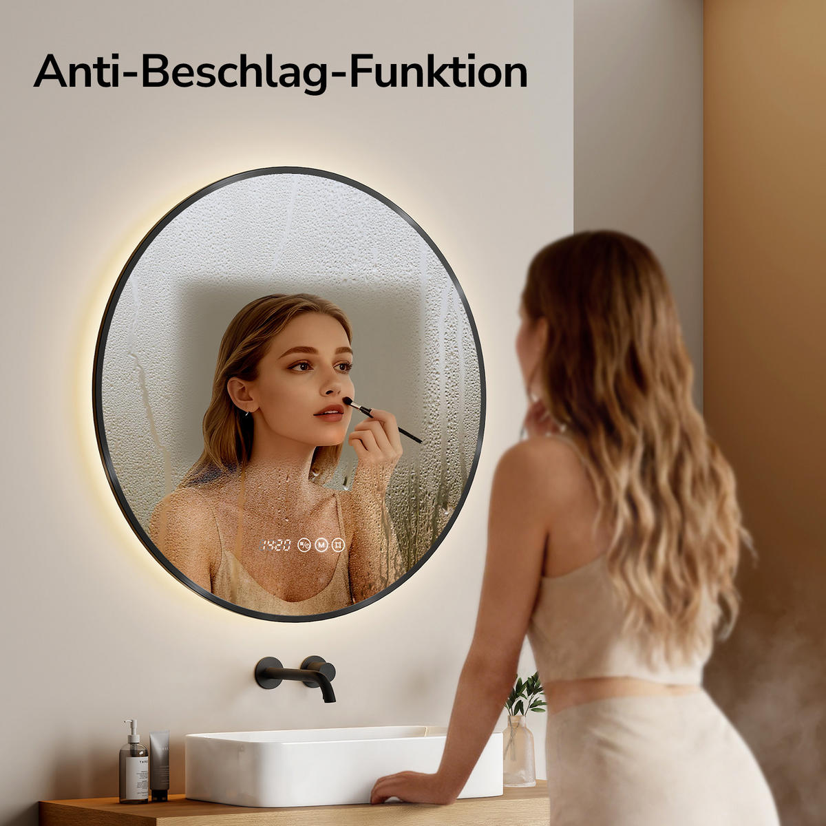 BADSPIEGEL mit LED-Beleuchtung, Anti-Beschlag-Funktion und Uhrzeitanzeige, Schwarz, Ø 70 cm - Schwarz, Glas (70/70/3cm) - EMKE