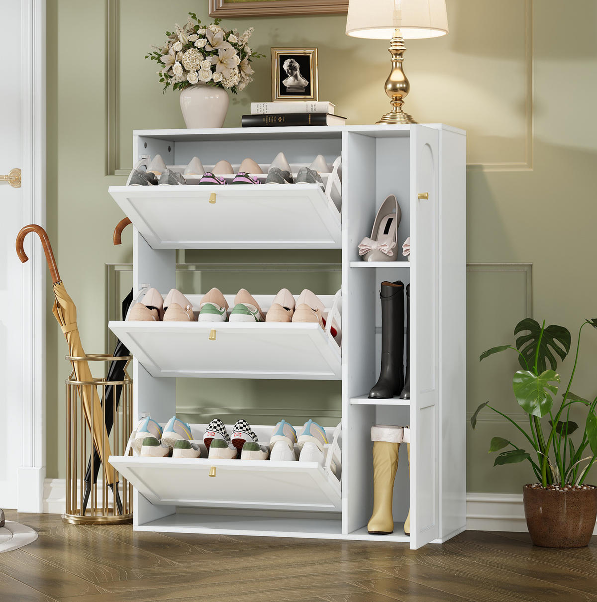 SCHUHSCHRANK aus MDF & Spanplatte 90x25x114cm in Weiß mit 3 Klappen & 1 Tür - Weiß, Holzwerkstoff (90/114/25cm) - Modfu