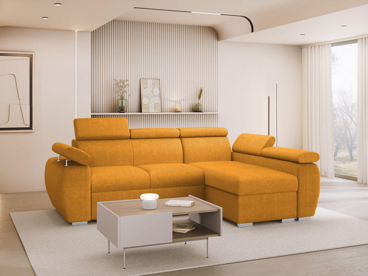 ECKSOFA Boston Mini, Seite: Rechts - 2R+LC - Chromfarben/Currygelb, Holz/Textil (255/170cm) - MIRJAN24