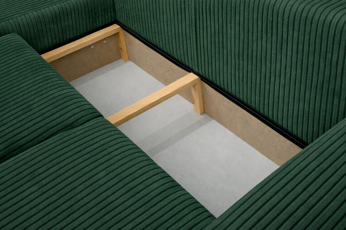 ECKSOFA Mit Schlaffunktion Und Bettkasten, Sofa L-Form Bingo L, Cordstoff Poso, Grün, Links - Grün, Holz (250/142cm) - Kaiser Möbel