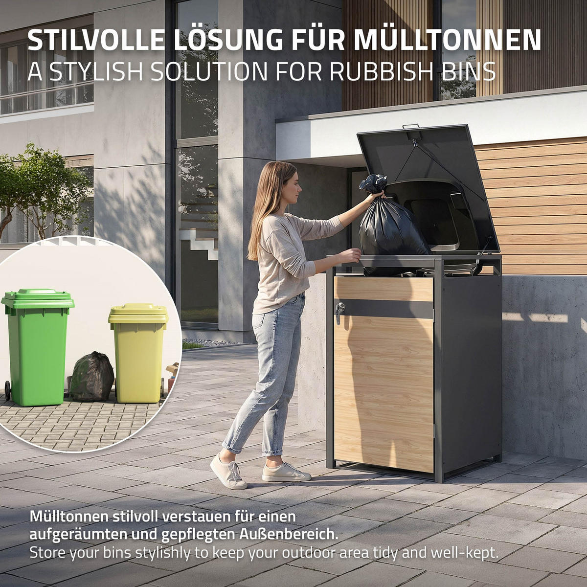 KONTEJNEROVÝ BOX na odpadky, 1 kus, antracit, vzhled dřeva - světle hnědá, kov (68/120/80cm) - ML-DESIGN
