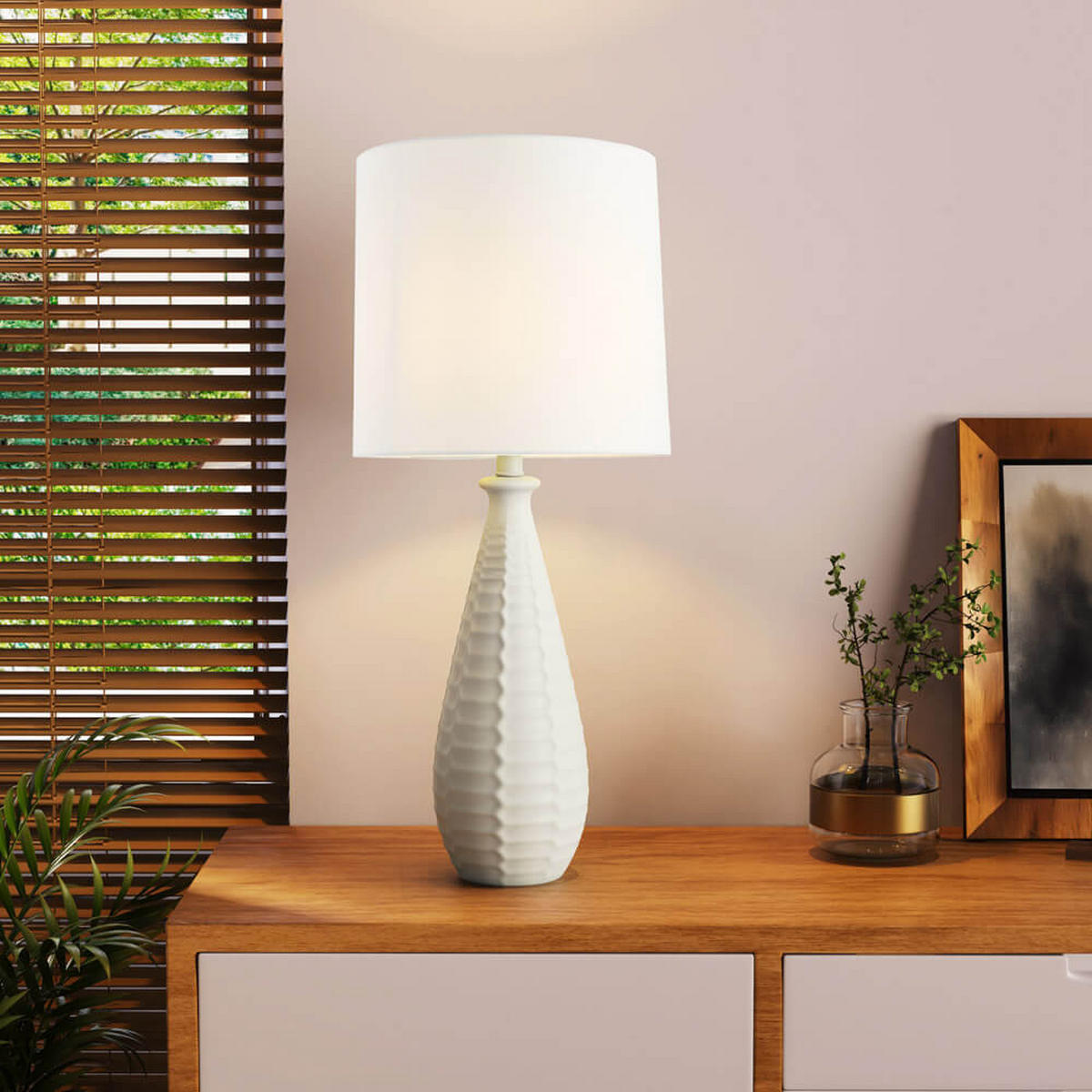 TISCHAMPE MELVA - Große Tischlampe, Weiß - Weiß, Textil (30/30/71cm) - Home Deluxe