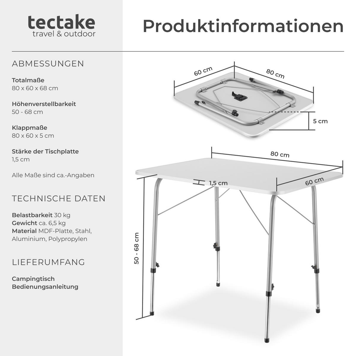 CAMPINGTISCH Julian,80 x 60 x 68 cm,grau - Grau, Holz (80/60/68cm) - tectake