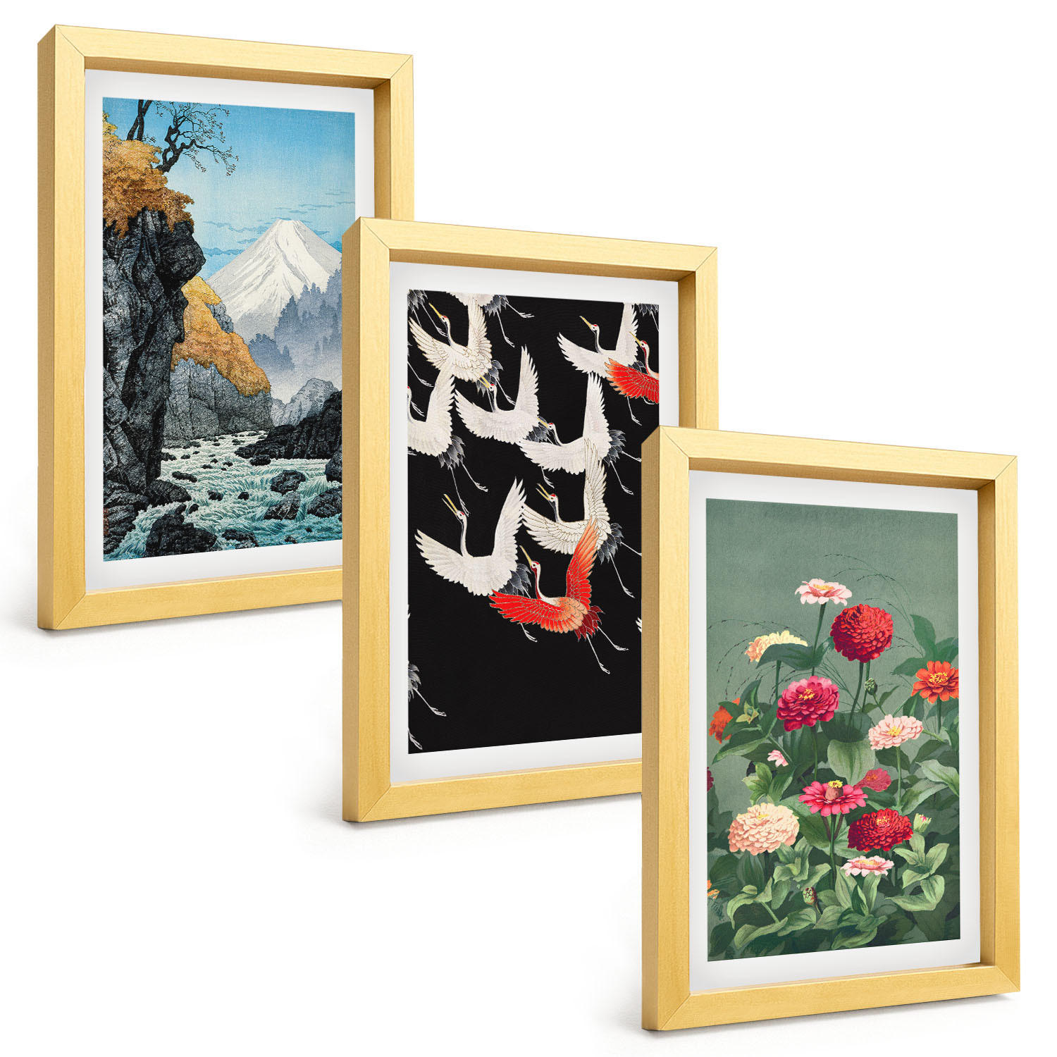 BILDER SET 3er Set - 20x30 cm Goldrahmen - Berge, Wasserfälle, Vögel, Blumen - Goldfarben, Kunststoff (20/30cm) - TULUP
