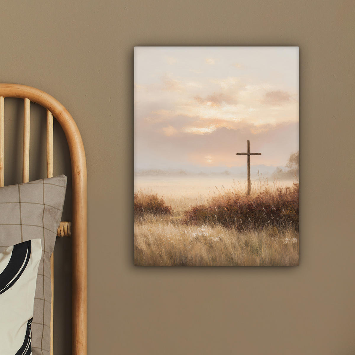 LEINWANDBILD Gras - Morgennebel - Kreuz - Christentum Room Decor 30x40 cm - Beige, Textil (30/40cm) - MuchoWow