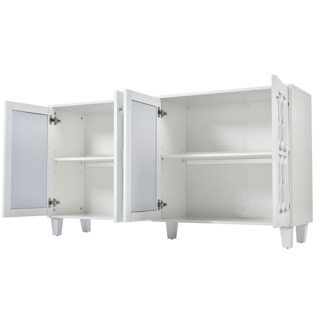 IN Weiß Kommode mit Kristallgriffen, 4 Türen und verstellbaren Einlegeböden für Wohn- und Esszimmer, B160/T40/H84cm - Weiß, Glas/Holzwerkstoff (160/84/40cm) - STILVORA