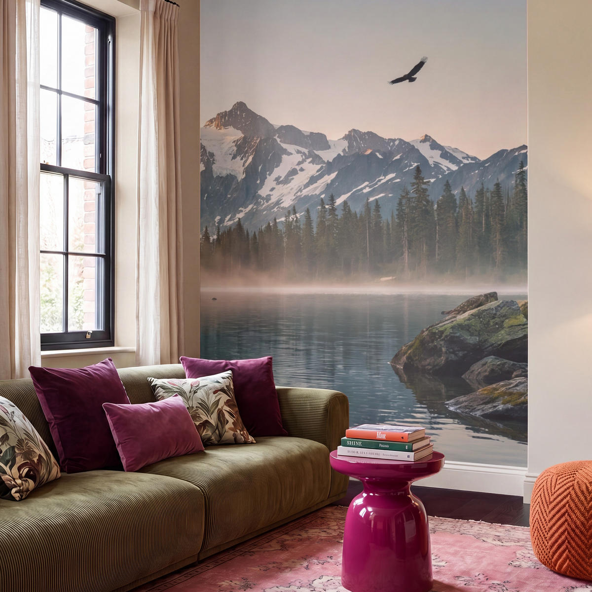 TAPETE - Berge - Wasser - Bäume - 220x300 cm - Multicolor, Papier (220/300cm) - OnlyWow