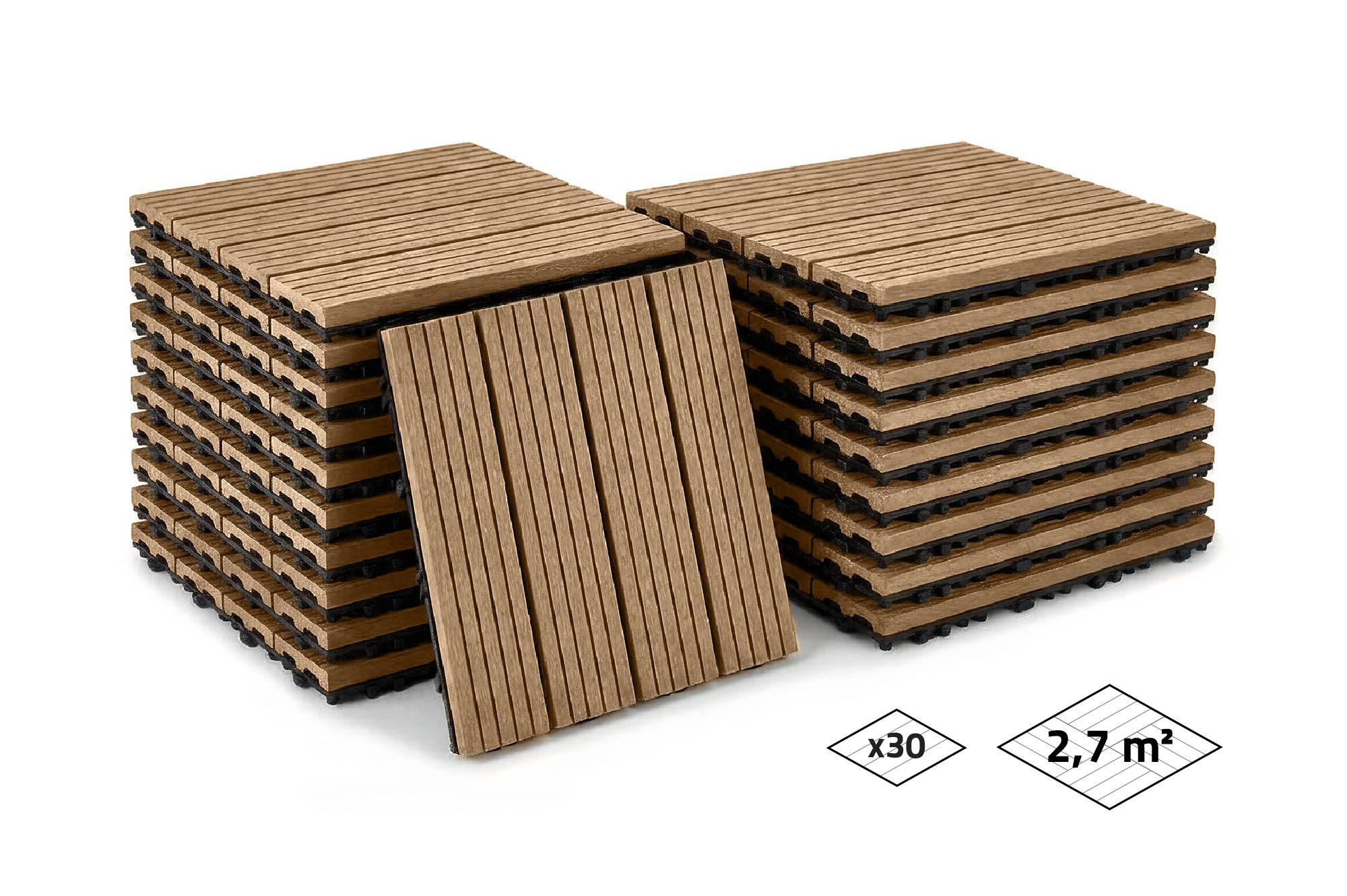 30ER-SET Terrassenplatten aus SERRA-Verbundwerkstoff in Teakoptik mit Rillen, 30 x 30 cm - Teakfarben, Holzwerkstoff (30/30/2cm) - Casanoov