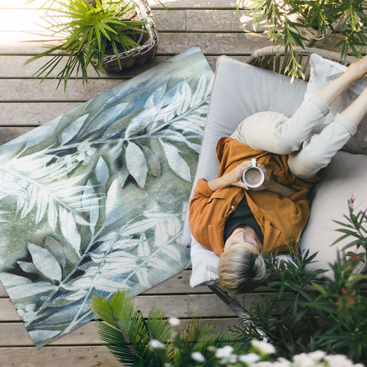 TEPPICH 120x180 cm Aquarell Blätter Zweige - Mintgrün, Kunststoff (120/180cm) - Wallfluent