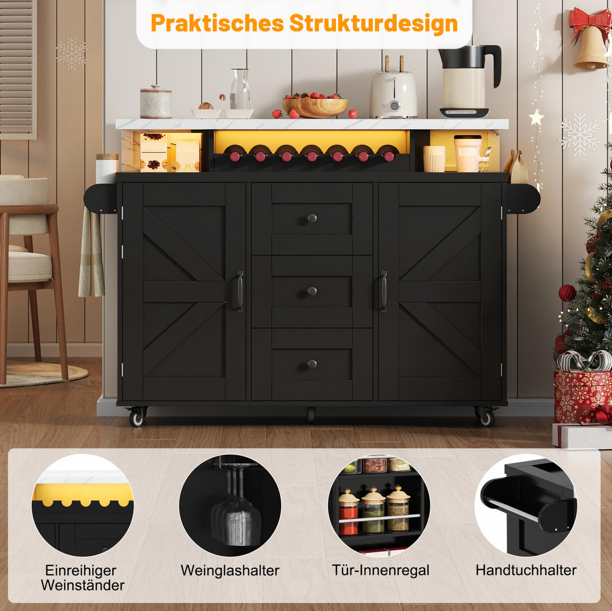 KÜCHENINSEL mit klappbarer Arbeitsplatte 138 x 60 x 93 cm MDF Schwarz - Schwarz, Holz (60/93/138cm) - Beauniv