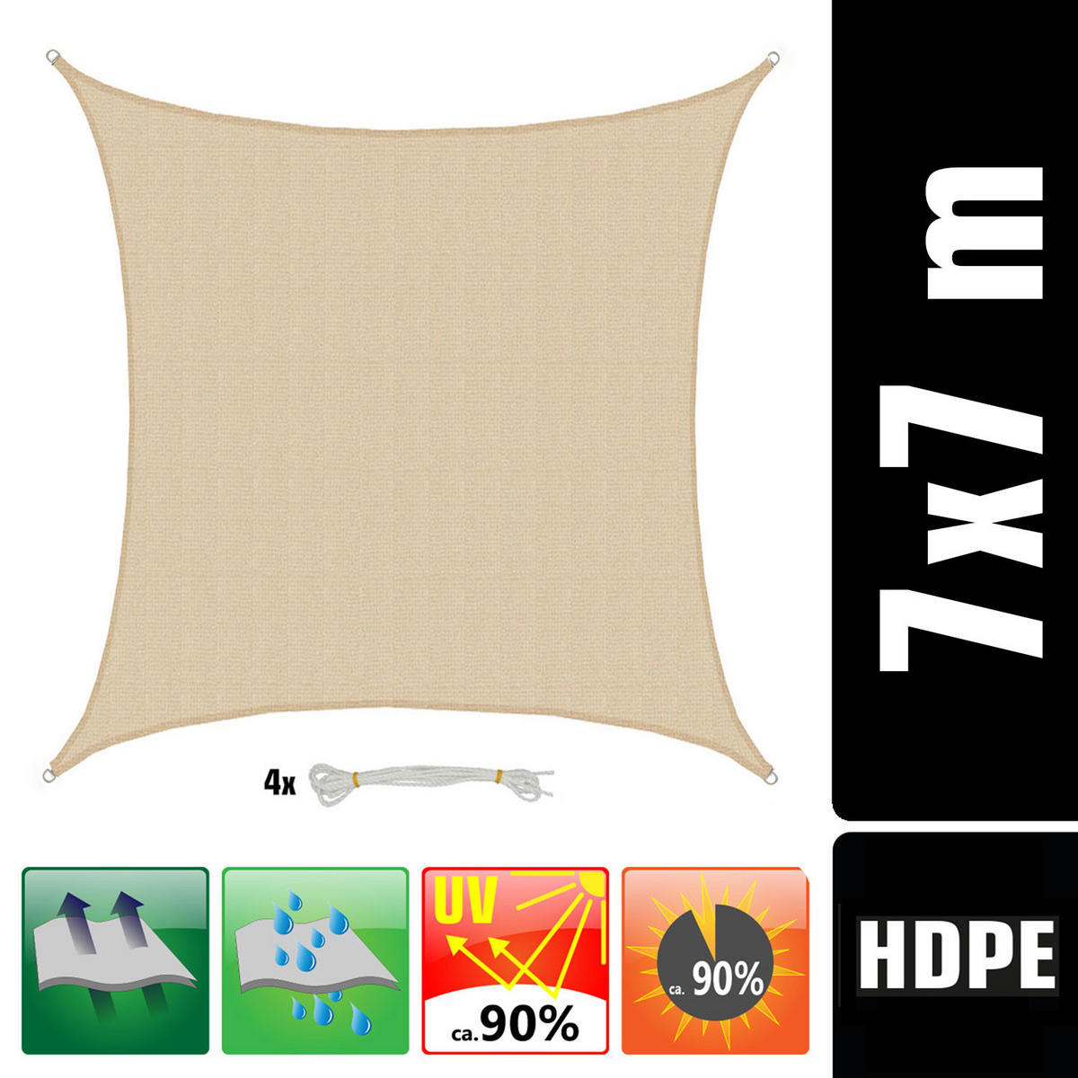 UV-SONNENSEGEL 7/7 m, Viereckig, Wasserdurchlässig, Beige - Beige, Kunststoff (700/700cm) - Amanka
