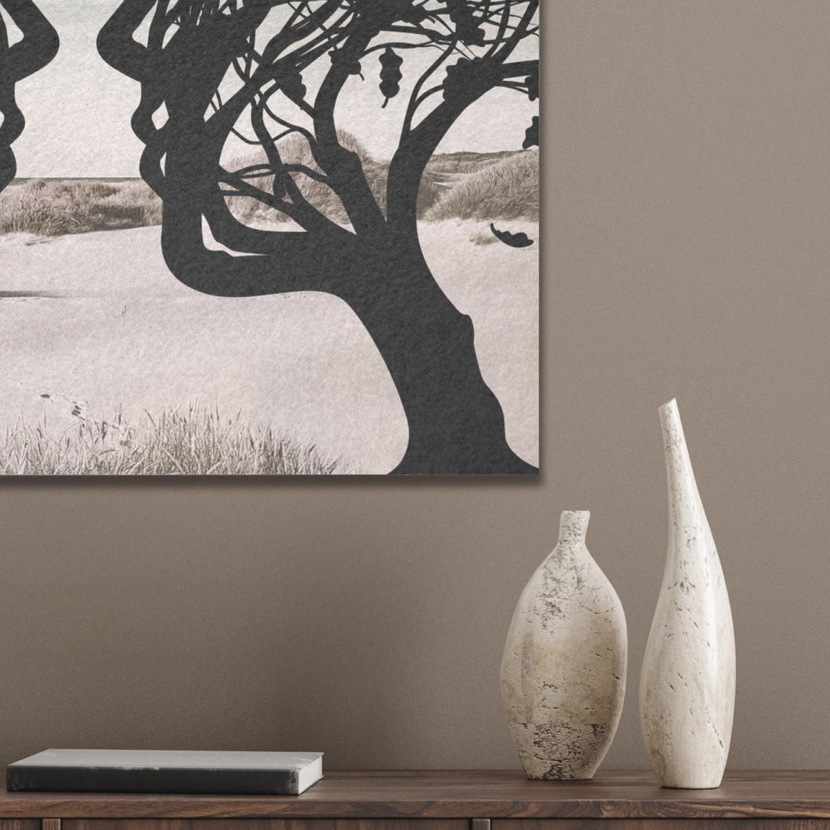 AKUSTIKBILD Strand - Meer - Menschen - Baum - Moderne Kunst Kunstdruck Schlafzimmer 50x70 cm - Hellgrau, Kunststoff (50/70/0.9cm) - MuchoWow