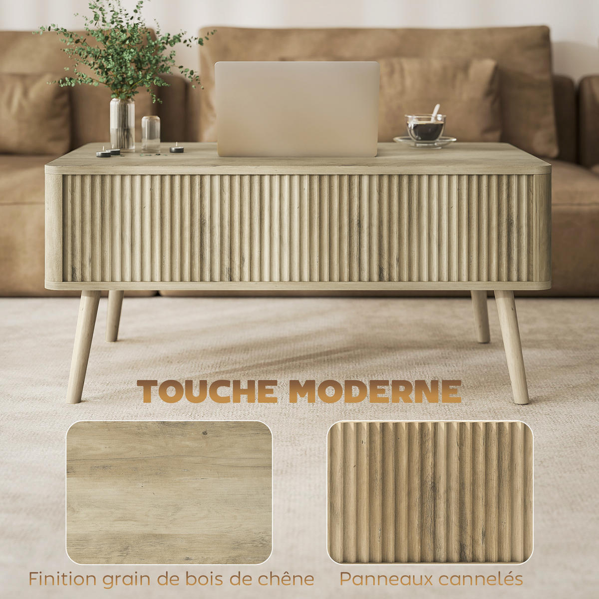 COUCHTISCH DE-15803 klappbare Platte Eiche - Eichefarben, Holzwerkstoff (91/56/43cm) - ComfortXL