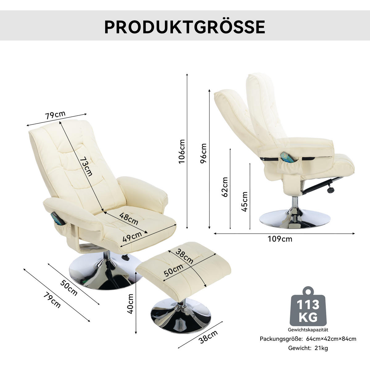 MASSAGESESSEL PU-Leder mit Fußhocker 79/79/106 cm Beige - Beige, Kunststoff (79/106/79cm) - Redom