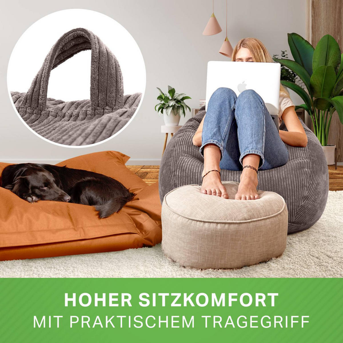 SITZSACK Indoor "Scoop" 90x110cm - Cord - Grau, Textil (90/110/90cm) - Green Bean