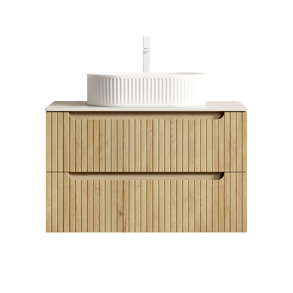 WASCHTISCHUNTERSCHRANK 80x46x62.2cm Weiß/Eiche mit ovalem Keramikbecken & 2 Schubladen - Eichefarben, Keramik (80/62.2/46cm) - Modfu