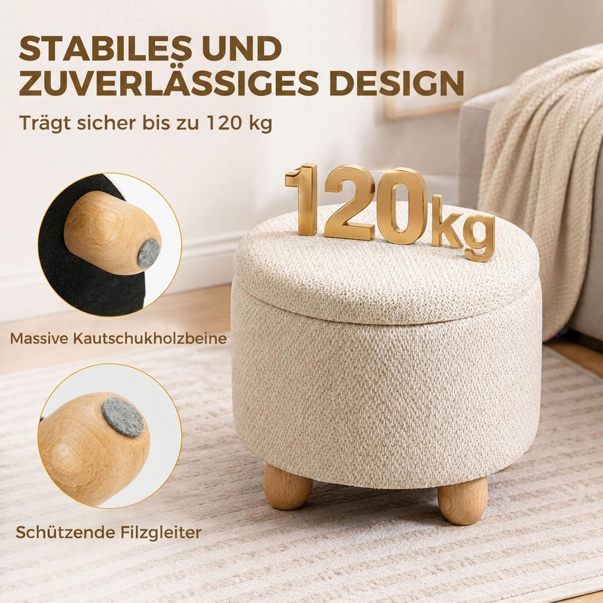 OTTOMAN med förvaringsutrymme, polyester, beige - Beige, Trä/Textil (38.5/33.5/38.5cm) - HOMCOM