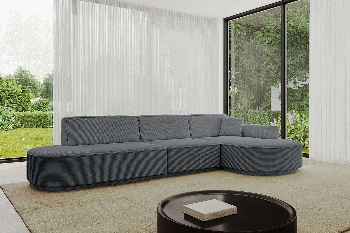 ECKSOFA Ottomane Rechts MARI-L2-v3 - 317x163x81 cm Dunkelgrau Cord - Dunkelgrau/Schwarz, Holzwerkstoff/Kunststoff (317/163cm) - ALTDECOR