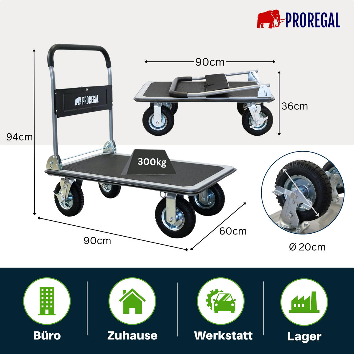 PLATTFORMWAGEN Transportwagen Rhino 300kg klappbar mit Luftreifen & Werkzeugtasche - Schwarz, Metall (90/60/94cm) - PROREGAL