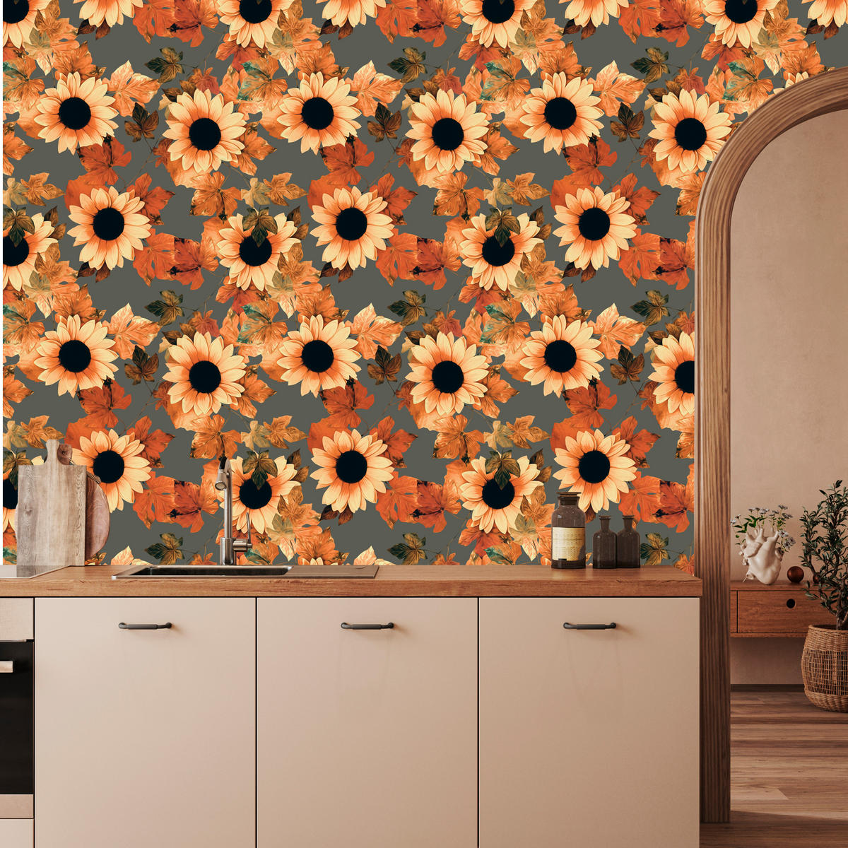 VLIESTAPETE Vintage-Sonnenblumen – Gelb, Orange, Grau – 50x1000 cm - Gelb/Orange, Papier (50/1000cm) - Muralo