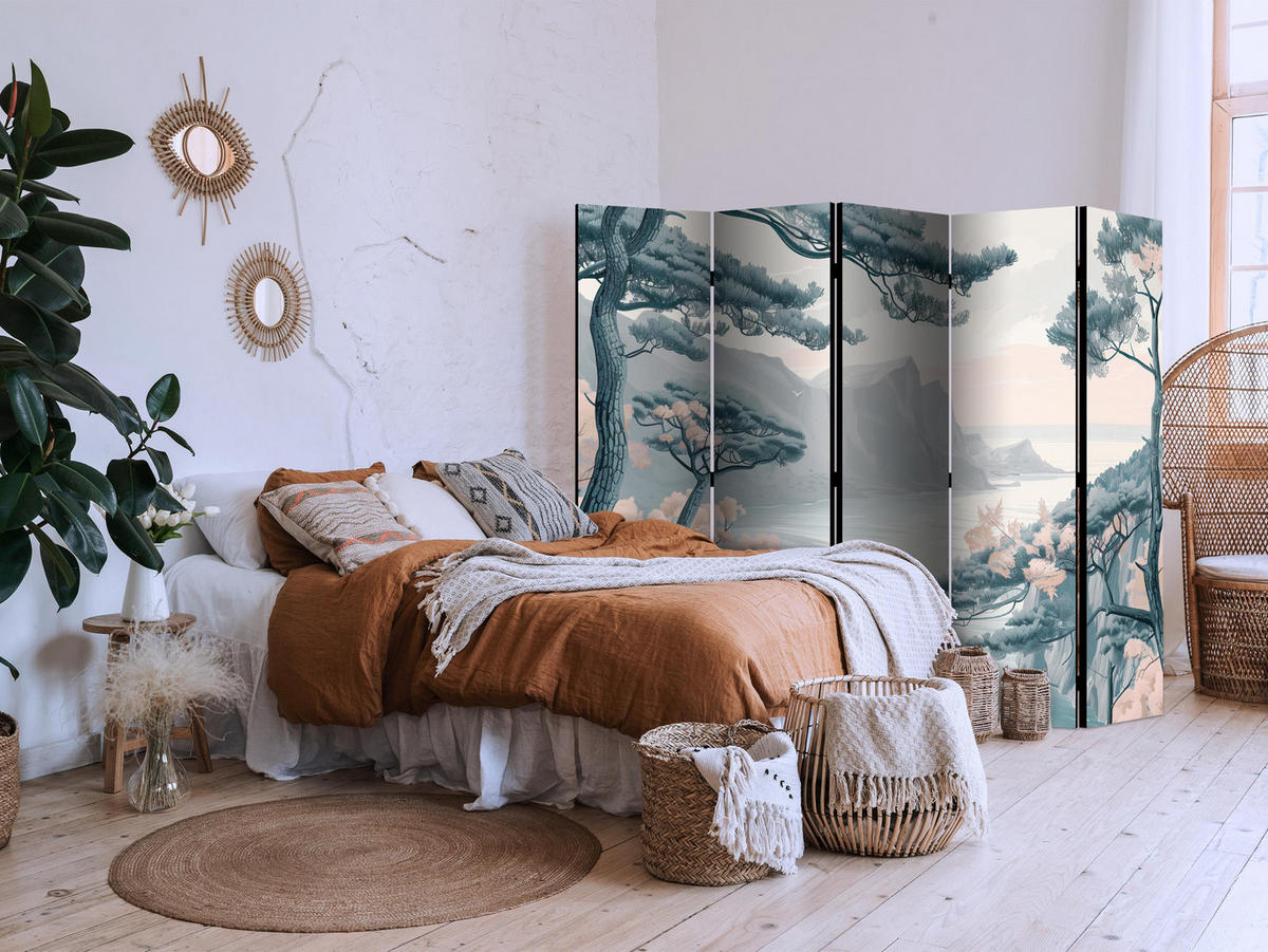 PARAVÁN Obojstranný 5-Dielny 225x172 cm Horské Pobrežie - sivá, drevo/textil (225/172/3cm) - Muralo