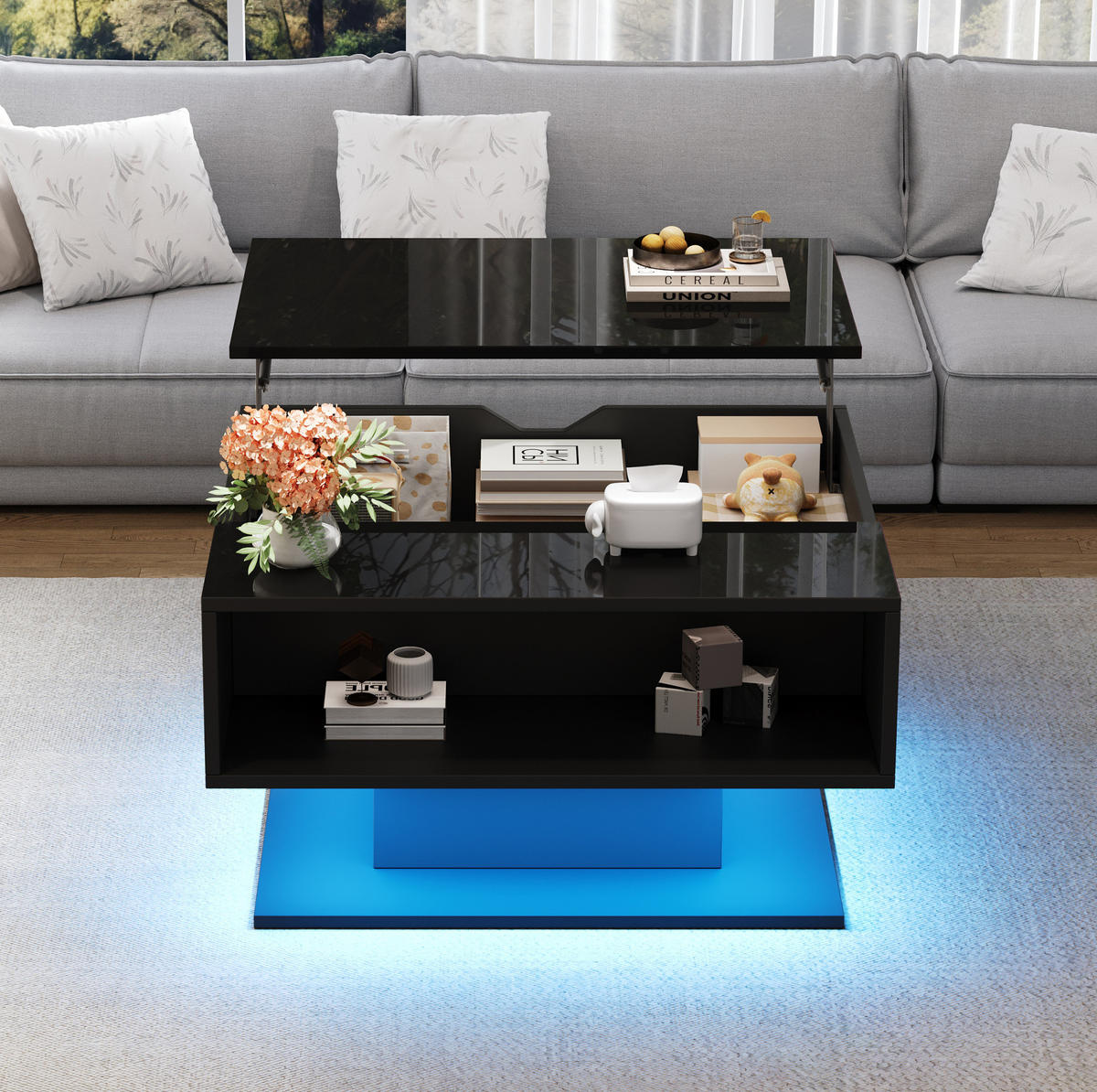 COUCHTISCH mit Ablage 80/75 cm höhenverstellbar mit LED-Beleuchtung in Schwarz - Schwarz, Holzwerkstoff (80/77/40cm) - BEAOK