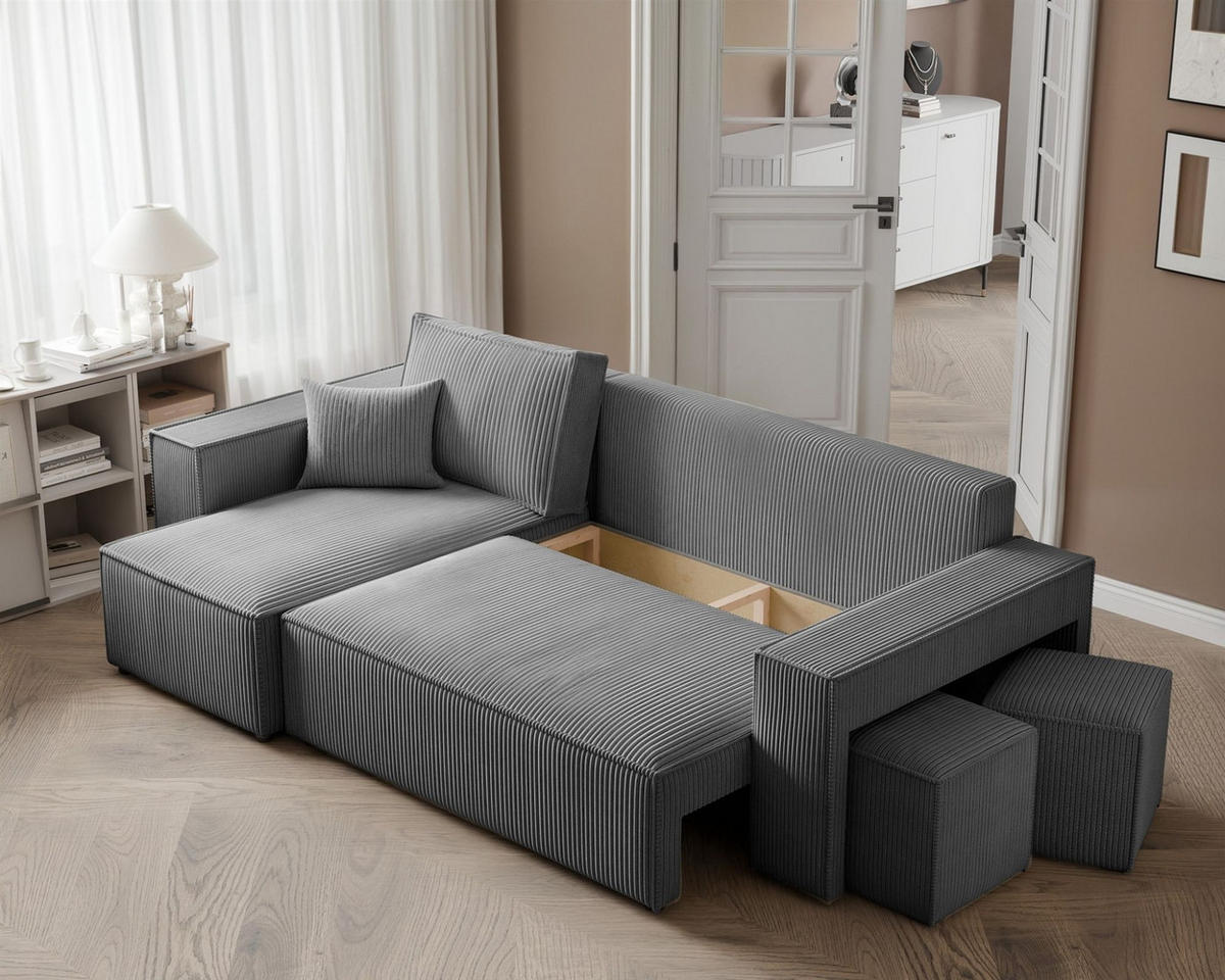 ECKSOFA Adara Inkl. Hocker - Grau, Holzwerkstoff/Textil (262/145cm) - Fun Möbel
