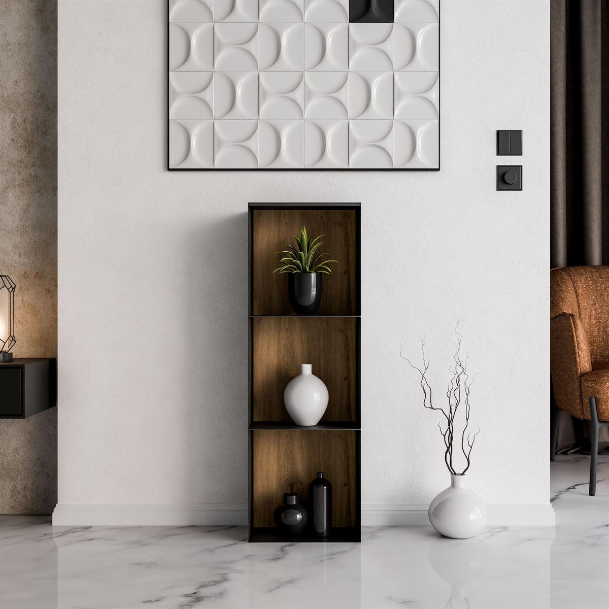 METALLREGAL QUADRO III mit LED-Beleuchtung - Schwarz/Eiche Artisan, Holzwerkstoff (99/33/20cm) - Lookway