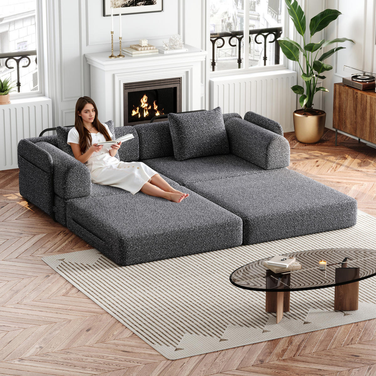 SCHLAFSOFA 2-in-1 mit Armlehnen-Ablagefach Chenille Grau 200/90/85 cm - Grau, Textil (181.6/49.5/94cm) - OKWISH
