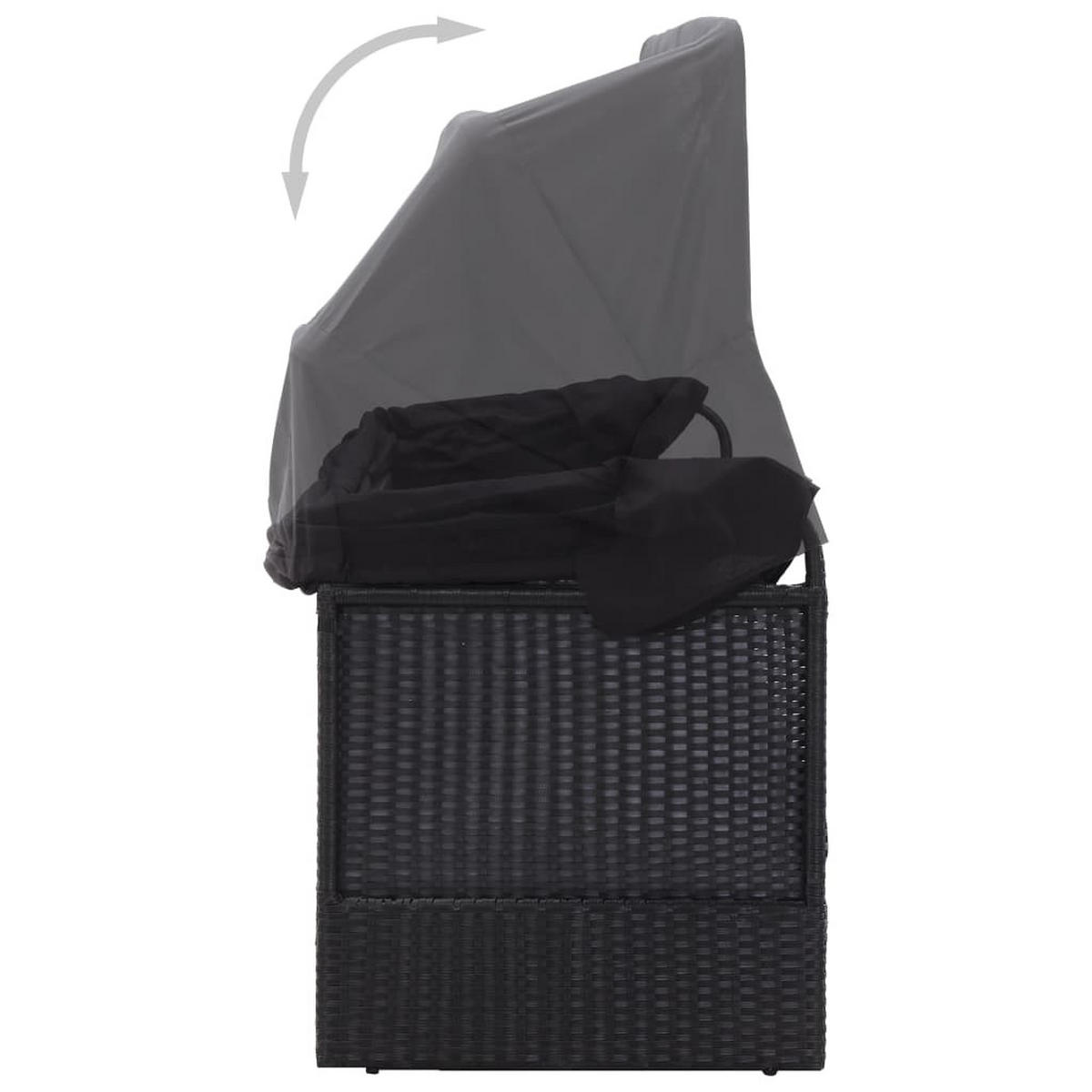 SONNENLIEGE mit Kissen und Baldachin, verstellbar, 205/62/124 cm, aus Poly Rattan, Schwarz - Schwarz, Kunststoff/Textil (205/124/62cm) - vidaXL