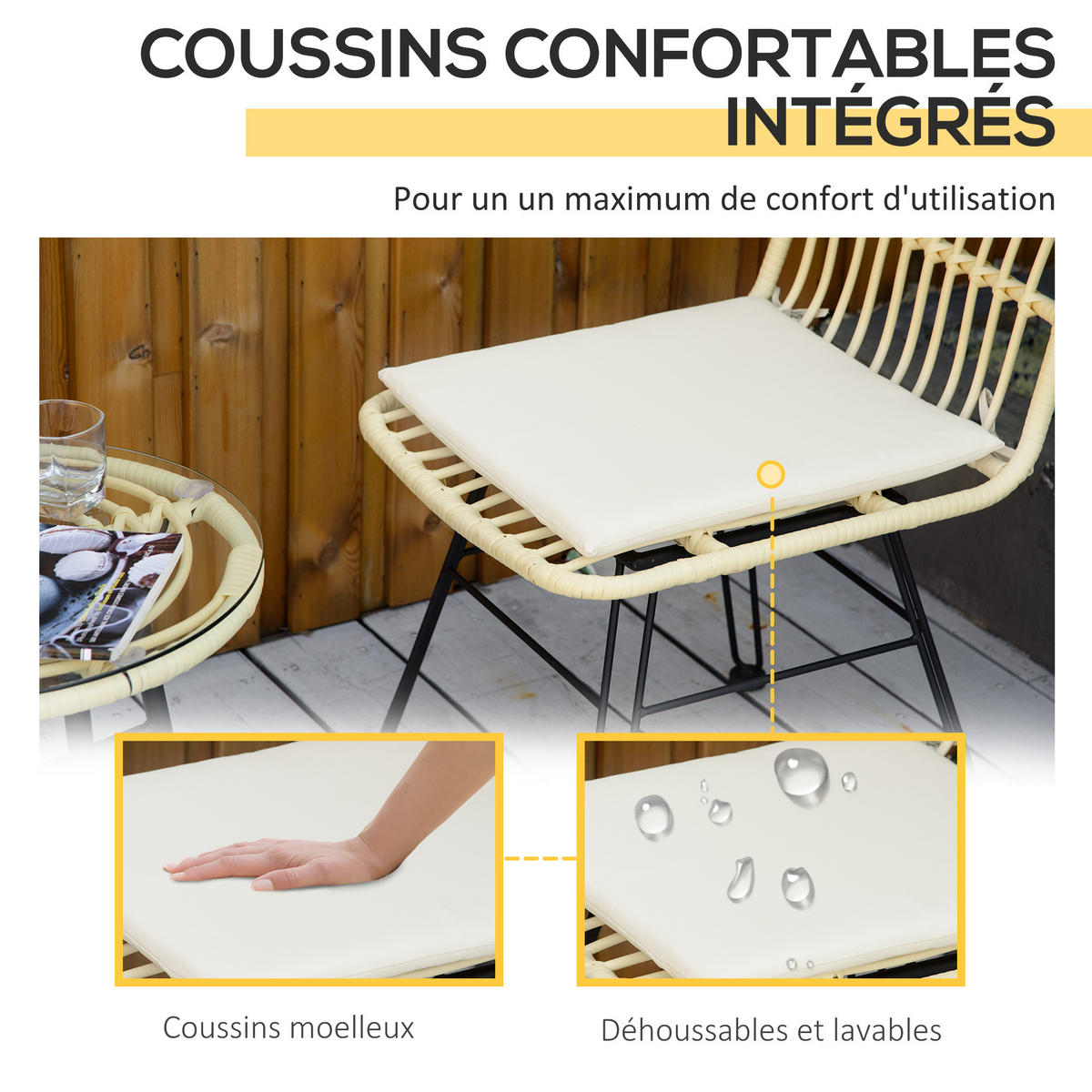 BISTROTSET 3tlg DE-13666 mit Glastisch und Polsterkissen Creme - Creme, Kunststoff/Metall - ComfortXL